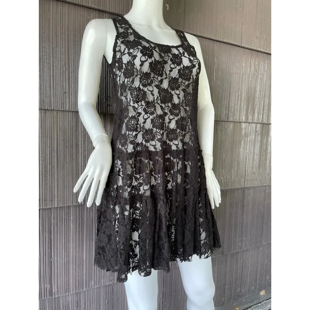 🔥Free People Black Lace Sheer Fit Flare Tiered Mini Dress Coquette Goth Grunge